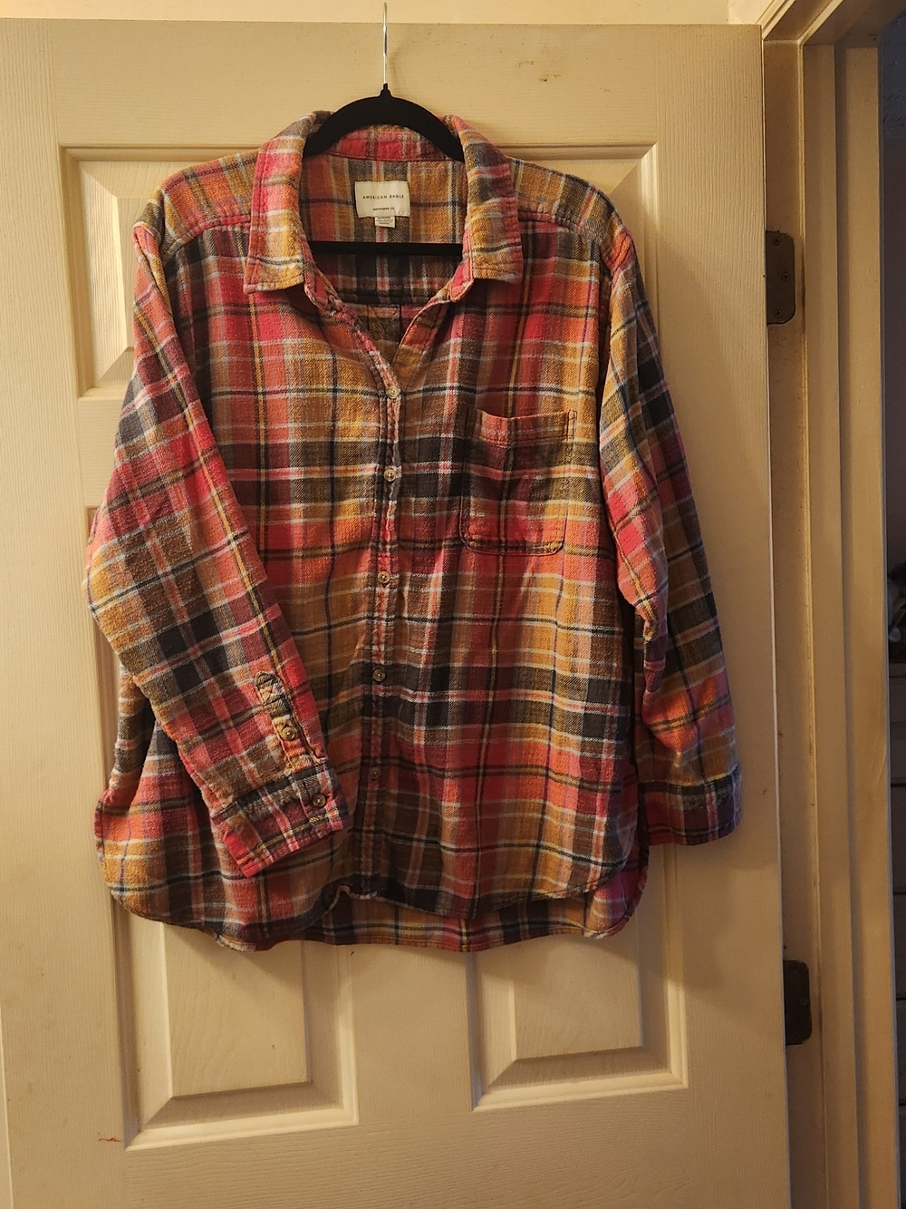 American Eagle Outfitters Plaid Button-Down Shirt in Red, Yellow and Blue